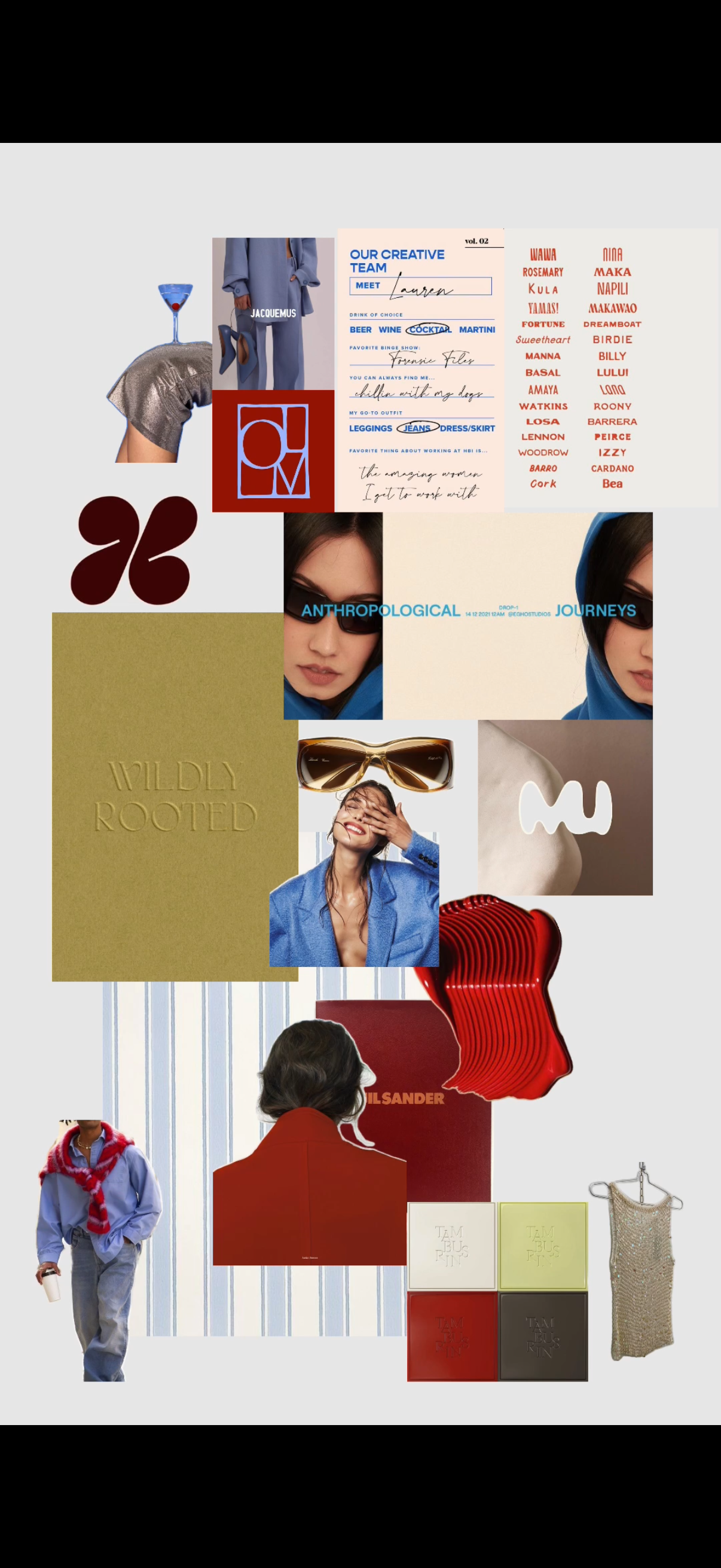 This image is a mood board for an anthology titled "Wildly Rooted." It showcases a diverse array of colors, textures, and ...